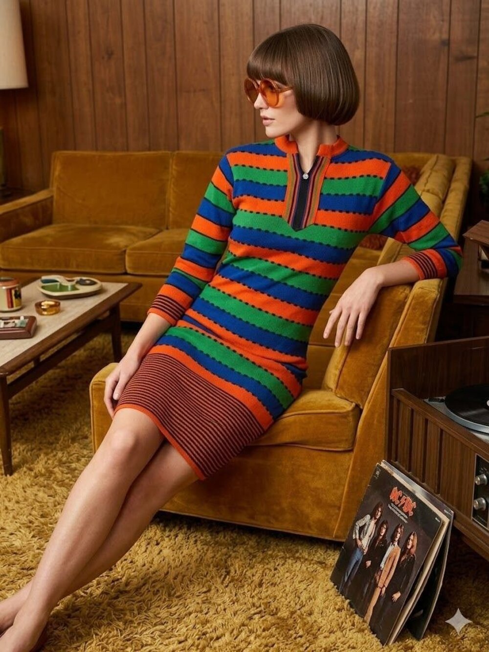 Vintage 70s Knit Dress Large L Striped Mod Mini Retro Long Sleeve Orange Green